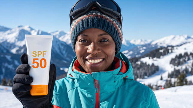 Smiling black woman holding spf 50 sunscreen at snowy mountain ski resort for winter sunlight protection.