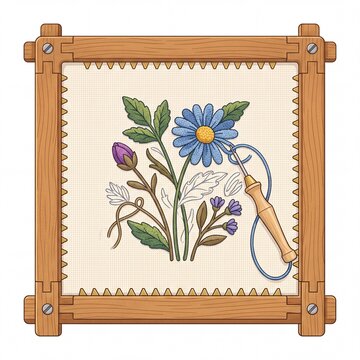 Floral Embroidery in Progress on a Wooden Frame