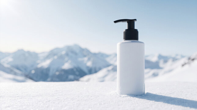 Blank skincare pump bottle standing in fresh snow with snowy mountain background and copy space for mockup design.