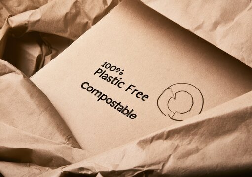 100% plastic-free compostable packaging with recycling symbol for