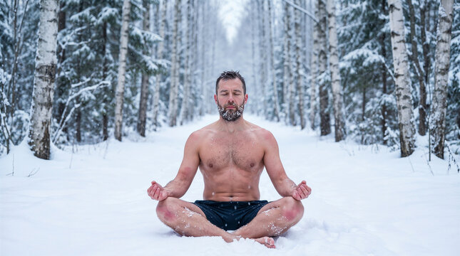 Shirtless mature man meditating cross legged in snowy forest during extreme cold exposure wellness practice.