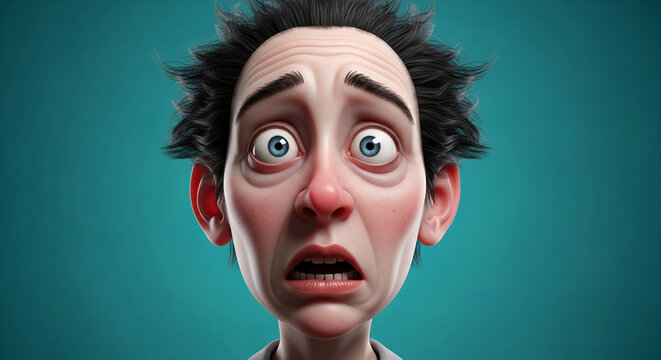 A cartoonish man's wide-eyed, open-mouthed expression of shock or fear, representative of extreme emotion or surprise