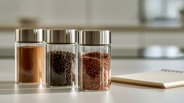 Metal lid spice jars with pepper and chili stand beside writing paper