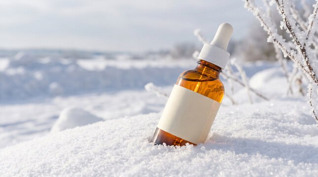 Amber dropper bottle with blank label standing in fresh snow with copy space for winter skincare product presentation and mockup.