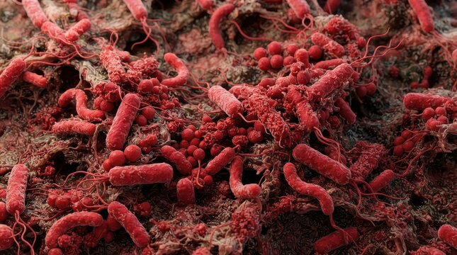 Microscopic view of red bacteria and microorganisms