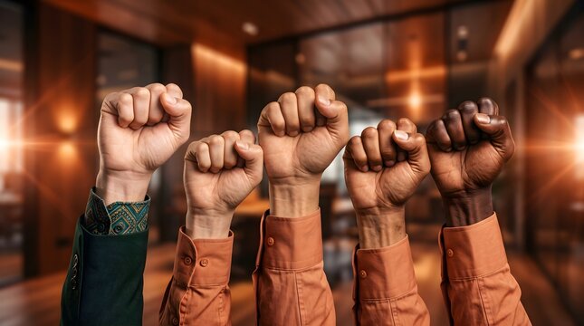 Raised fists of diverse group of people against blurred background.