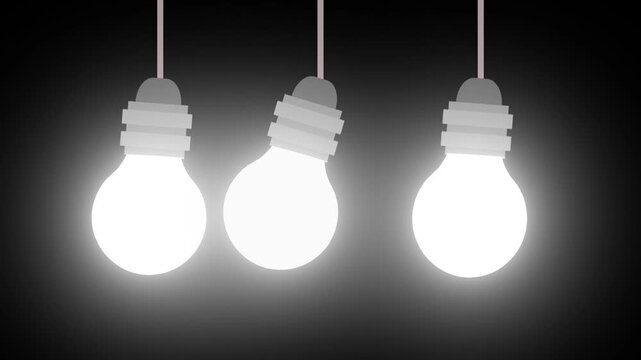 Three glowing white light bulbs swinging and colliding together on a dark background..