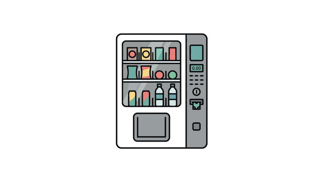 Modern vending machine displaying colorful snacks and beverages inside brightly lit digital vector illustration artwork