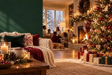 Obraz premium Cozy Christmas living room with glowing tree, fireplace, gifts