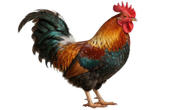 Colorful rooster with red comb and iridescent feathers, isolated on transparent background