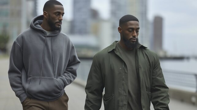 Two male friends walking along riverside promenade in modern city, talking and enjoying relaxed evening together