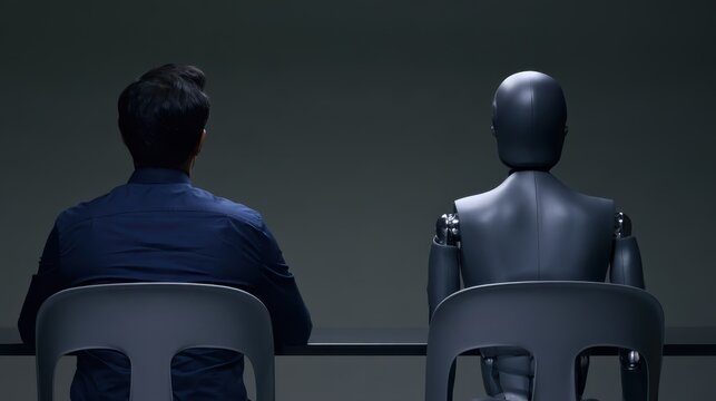 Man and humanoid robot sitting side by side in modern office setting