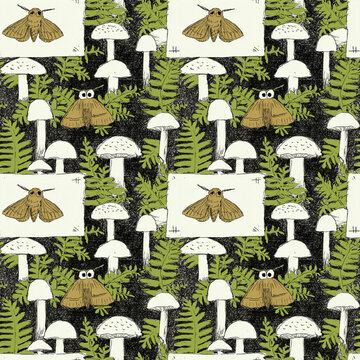 Playful hand drawn moth and mushroom forest seamless pattern with whimsical sketchy style