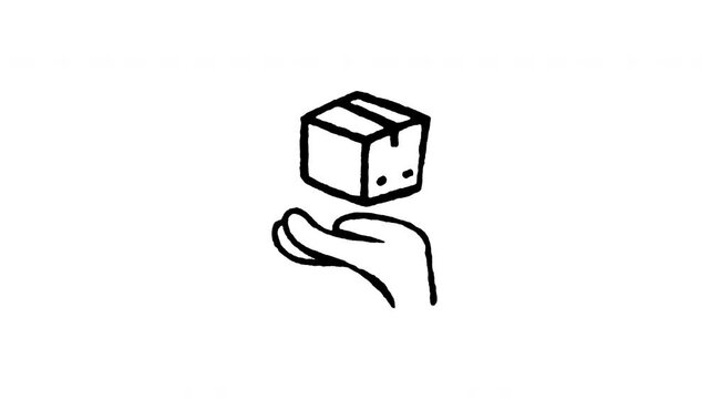 Animated doodle icon of a delicate box protected by supporting hands for fragile handling.