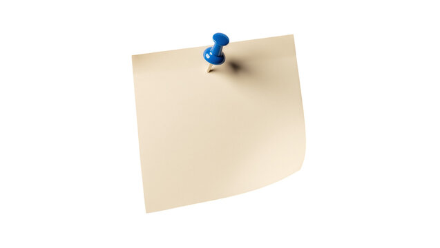 Beige paper note pinned with a blue thumbtack, isolated on transparent background