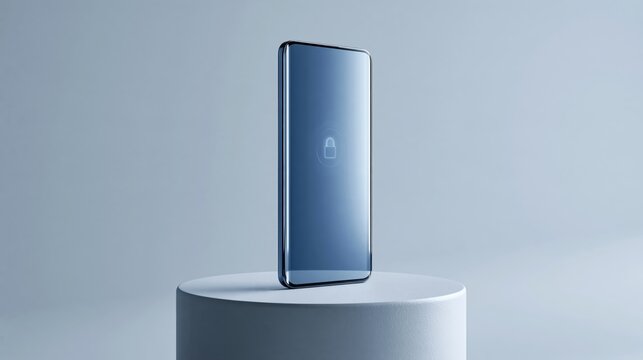 Back view of smartphone standing on pedestal with subtle security icon