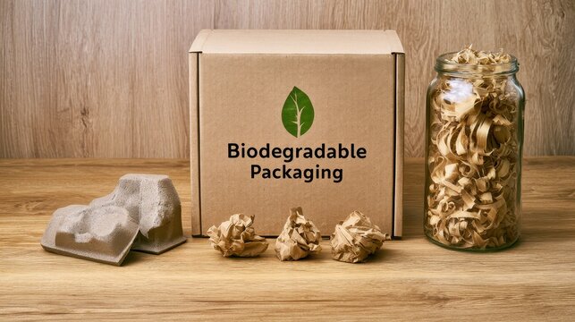 Biodegradable packaging materials arranged on wooden surface for