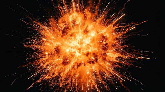 Fiery explosion with glowing sparks and bright orange light trails