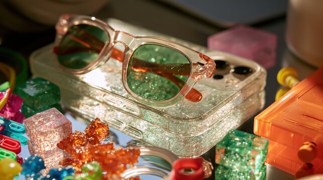Clear phone case supports green tinted sunglasses amid sparkling colorful accessories