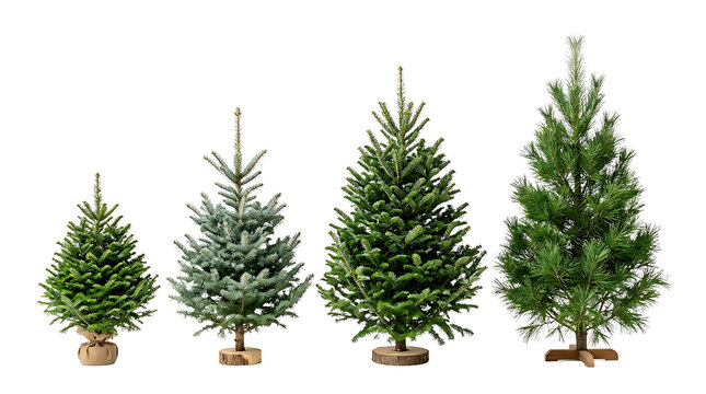Four varying sizes of green coniferous christmas trees as isolated object
