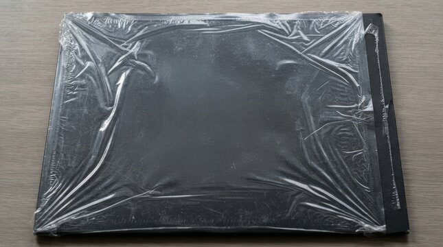 Black book wrapped in plastic film on wooden surface