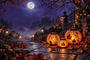 Naklejka premium Glowing autumn lanterns illuminate a moonlit garden path