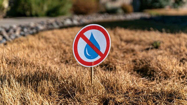 Water conservation sign on dead lawn