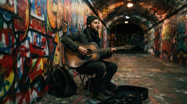Street musician playing acoustic guitar in a graffiti-covered tunnel