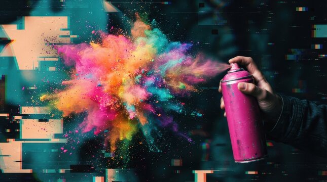 Spray paint can releasing colorful powder explosion with digital glitch effect