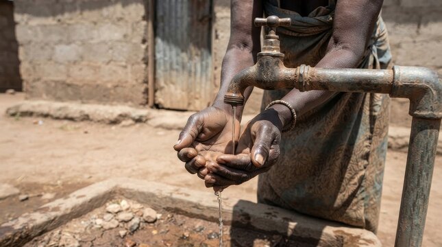 Person cupped hands collecting water from a rusty outdoor tap