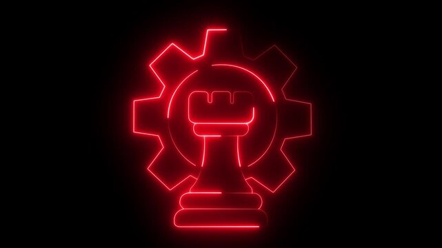 Glowing neon gear and Chess icon on black background. Business Planning and Decision Making icon.
