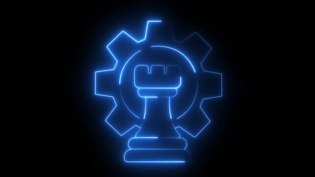 Glowing neon gear and Chess icon on black background. Business Planning and Decision Making icon.