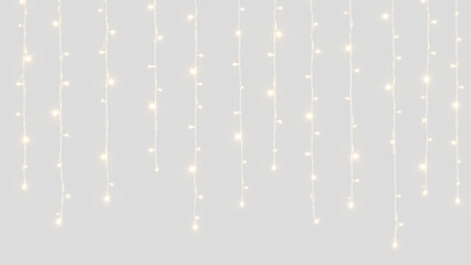 Curtain of hanging fairy lights on transparent background. Vertical icicle light strands for wedding backdrop and holiday decoration © Katya