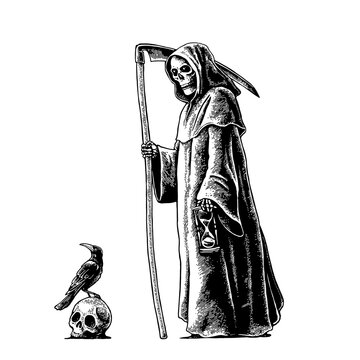 Death dressed hooded robe holding scythe and hourglass. Crow sitting on human skull. Vector black vintage engraving illustration isolated on a white background. For poster and book