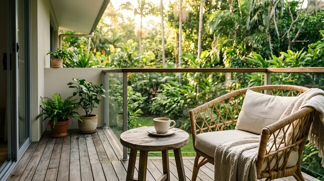 A serene morning scene on a lush tropical balcony featuring a steaming cup of coffee resting on a small wooden table beside a comfortable rattan chair.