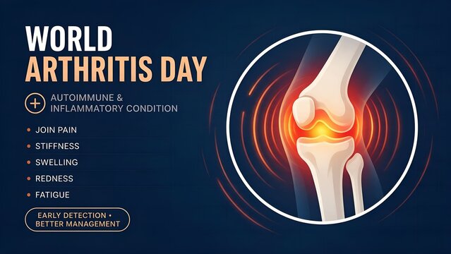 World arthritis day medical infographic vector banner featuring human knee joint anatomy with glowing inflammation signals and informative symptom text layout against dark background