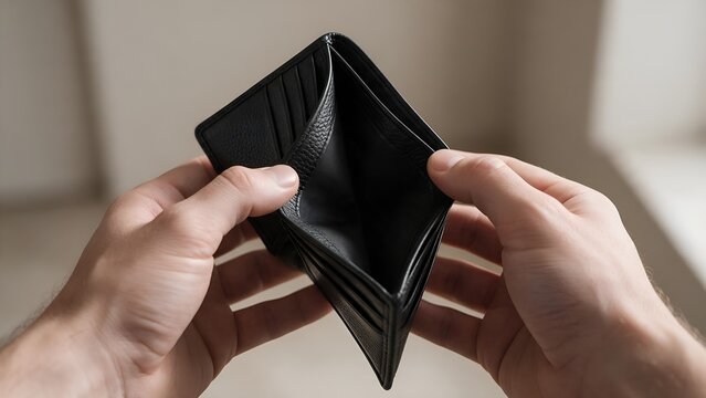 Empty black leather wallet held open by hands showing no money inside during financial crisis poverty debt bankruptcy and economic hardship struggle problems today