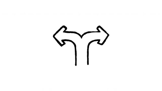 Animated doodle icon of a path splitting into left and right two direction arrows.