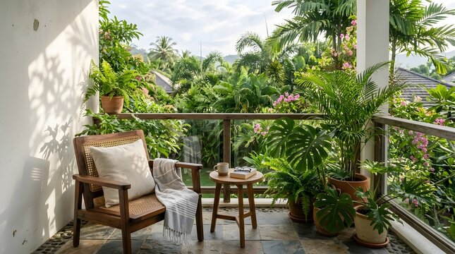 A serene and tranquil balcony retreat featuring a comfortable wooden lounge chair with a soft throw blanket beside a small table holding coffee and books