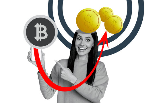 Composite trend artwork sketch image collage of&nbsp;business stats human resource trader young lady rich hold phome finger point bitcoin coin