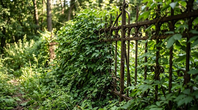 An old, weathered iron fence stands deep within a lush, sunlit forest, completely overtaken by vibrant green climbing ivy and wild plants in summer time.