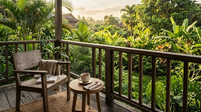 A peaceful wooden balcony overlooking a lush tropical garden at sunrise with a warm cup of tea and a book resting on a rustic chair