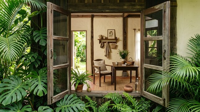 A serene and rustic interior view from an open wooden window framed by lush tropical monstera plants looking into a cozy sunlit room with furniture