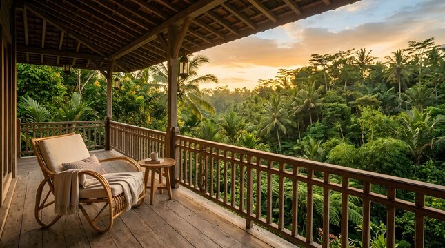 A serene wooden balcony overlooking a lush tropical rainforest at sunset with a comfortable rocking chair and a small table waiting for a peaceful evening
