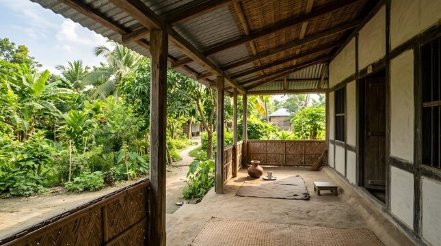 A serene and traditional rural village porch in Bangladesh featuring thatched bamboo walls, a clay water pot, woven mats, and lush green tropical garden surroundings