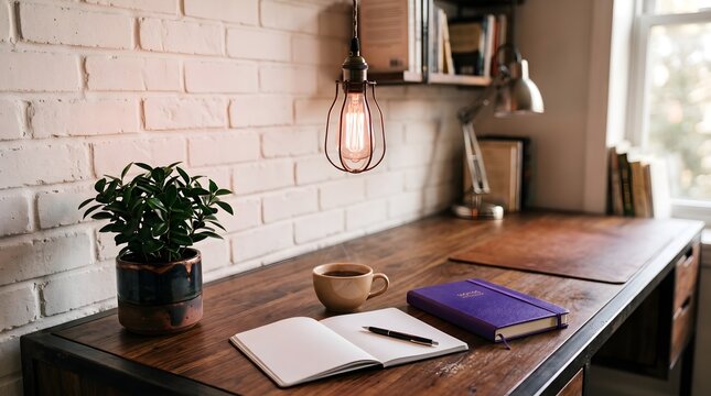Rustic wooden desk with plant, coffee, open notebook.