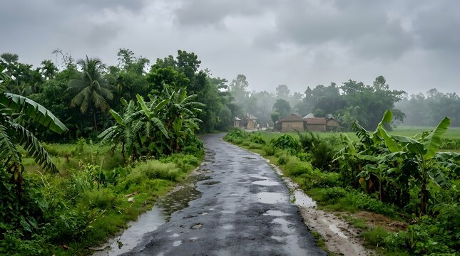 A serene and atmospheric landscape scene featuring a rain-slicked asphalt road winding through a lush tropical village under a heavy, overcast and moody grey sky.