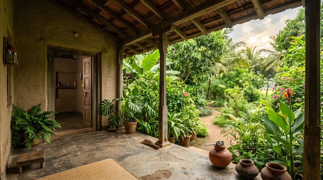 A peaceful and traditional rural porch with woven bamboo walls and a thatched roof overlooking a vibrant lush green garden under a clear blue sky