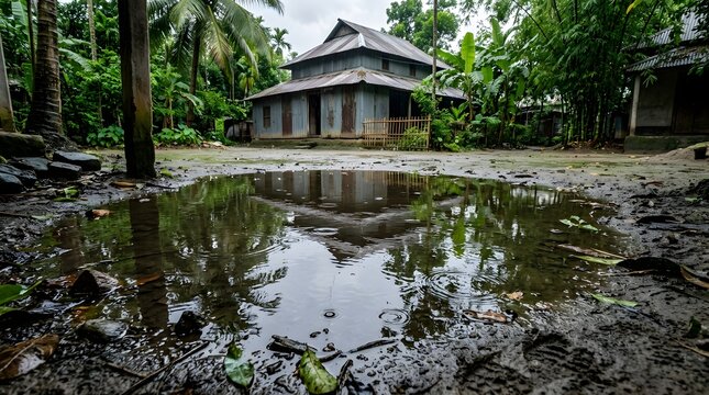 A serene rural village scene in Bangladesh featuring a traditional corrugated iron house reflected in a muddy rainwater puddle on a quiet overcast cloudy afternoon.
