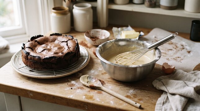 A Rustic Kitchen Scene: A freshly baked apple tart sits on a cooling rack, next to a bowl of batter and scattered ingredients, hinting at a cozy home baking session.